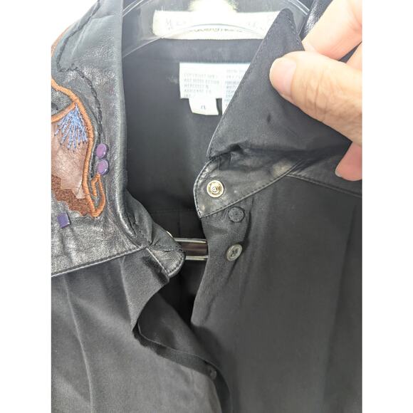 VTG Mercedes & Adrienne Black Silk Blouse Leather Stud Embellished Embroidered - Picture 6 of 12